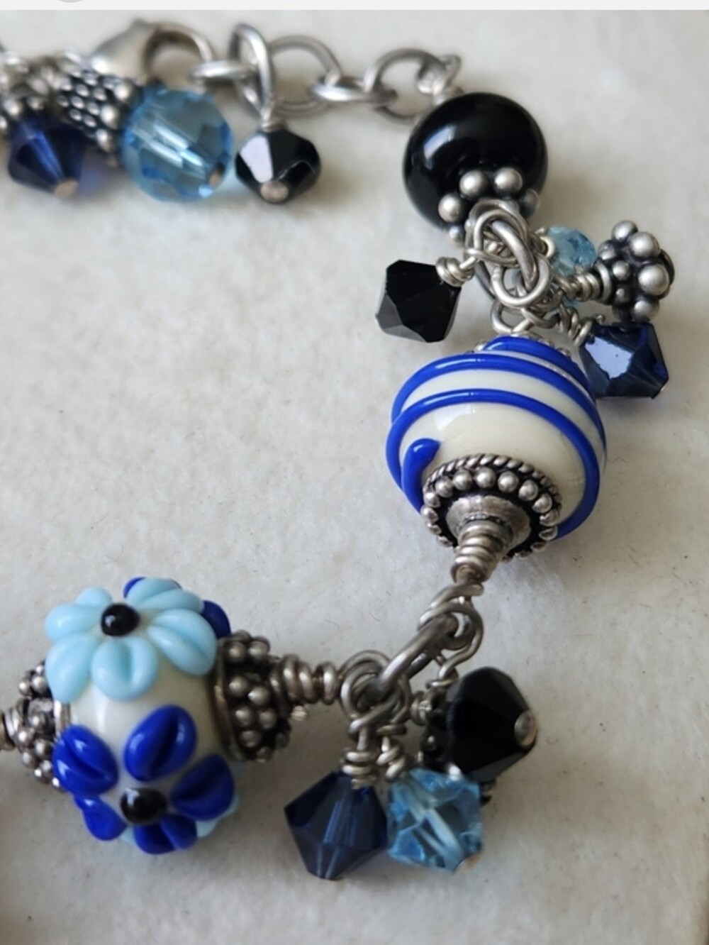 925 Sterling Murano Glass Beaded Bracelet Lampwork Wedding Cake Vintage Artisan